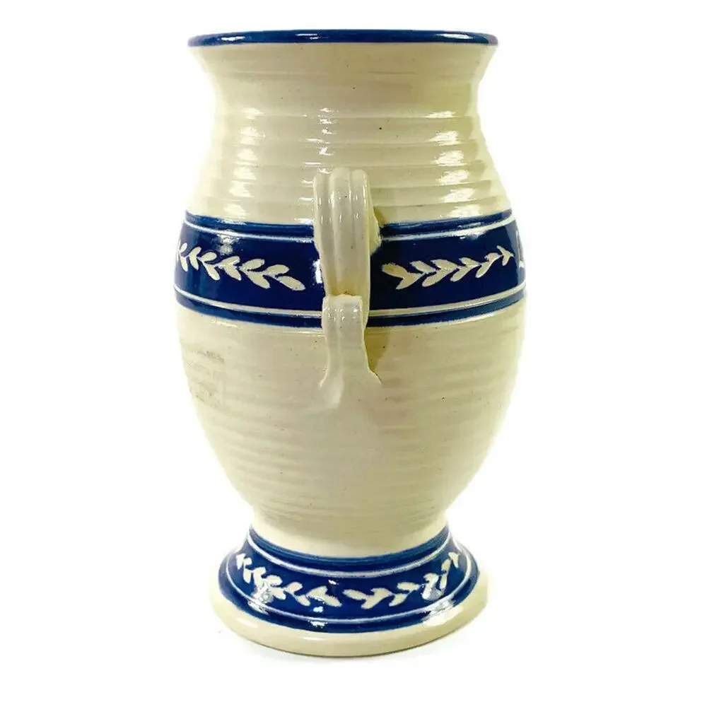 Graystone Pottery Handmade Artisan Vase Love Hearts Handles Beige and Blue 8.5